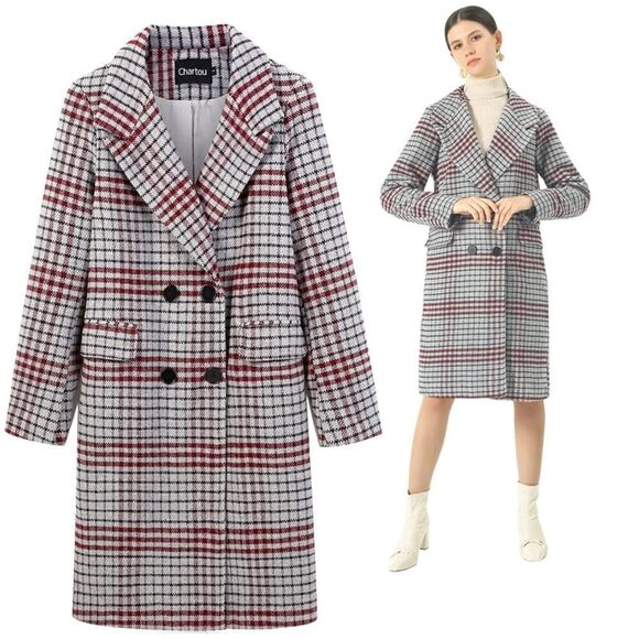 Women’s Winter lapel Collar Woolen Plaid Double Breasted Long Peacoat Jacket XL.
